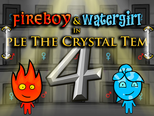 Crystal Temple level with colored portals, pressure switches, and entangled routes for two heroes
